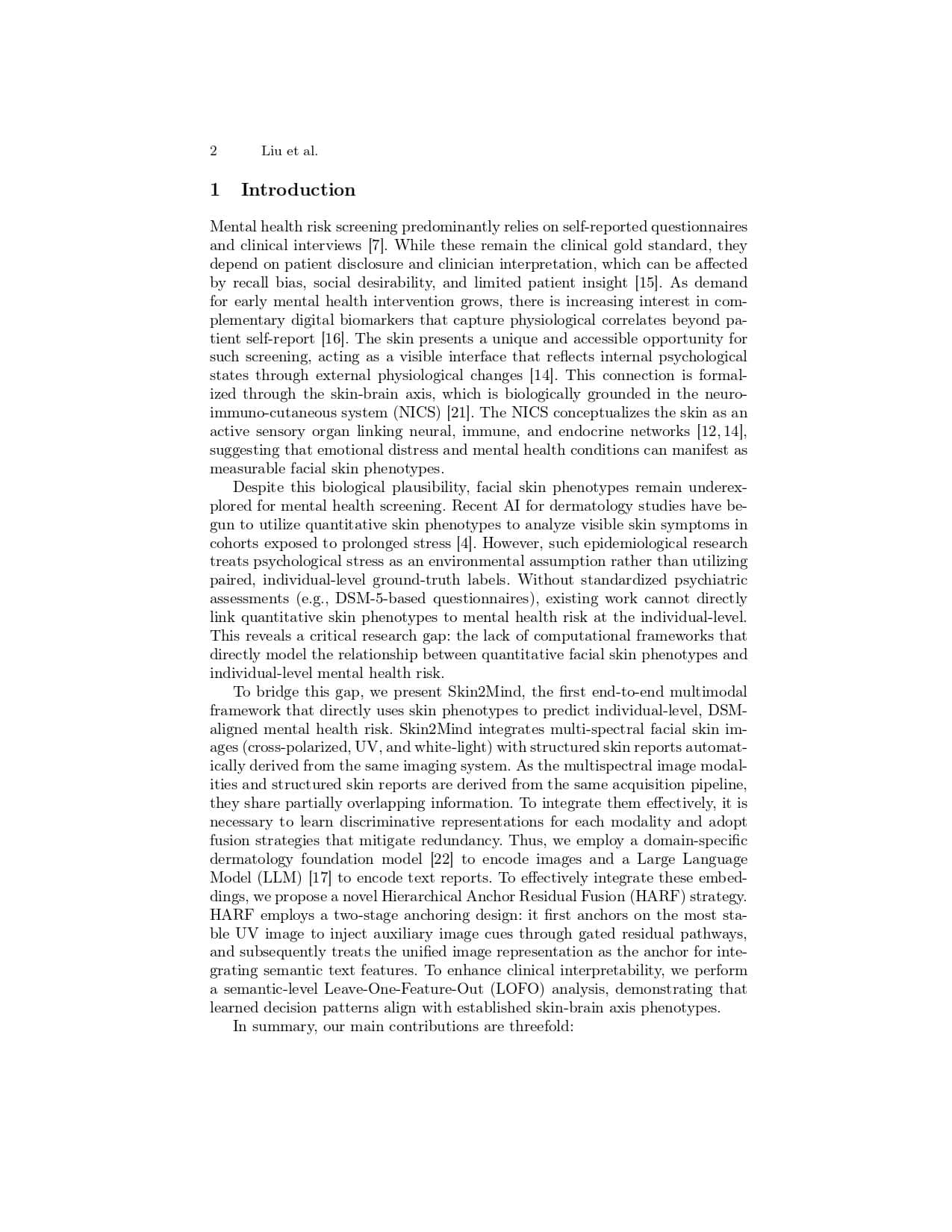 Skin2Mind: A Multimodal Framework for Mental Health Risk Screening via Facial Images and Structured Skin Reports - Page 2